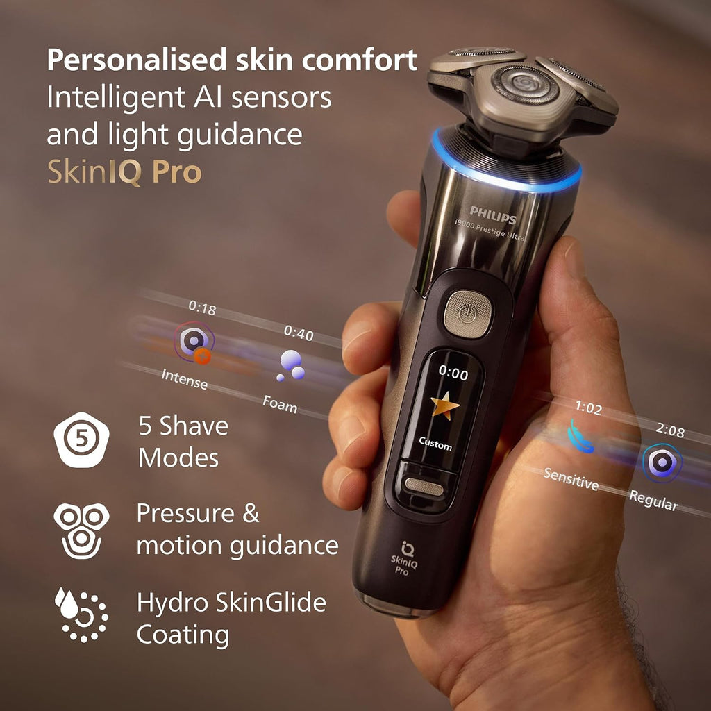 Philips Shaver i9000 Prestige Ultra, Wet & Dry Electric Shaver, Black, with Skin IQ Pro Technology, Triple Lift & Cut System, 360 Rotating NanoTech Precision Blades, 5 Shaving Modes, Model XP9405/31