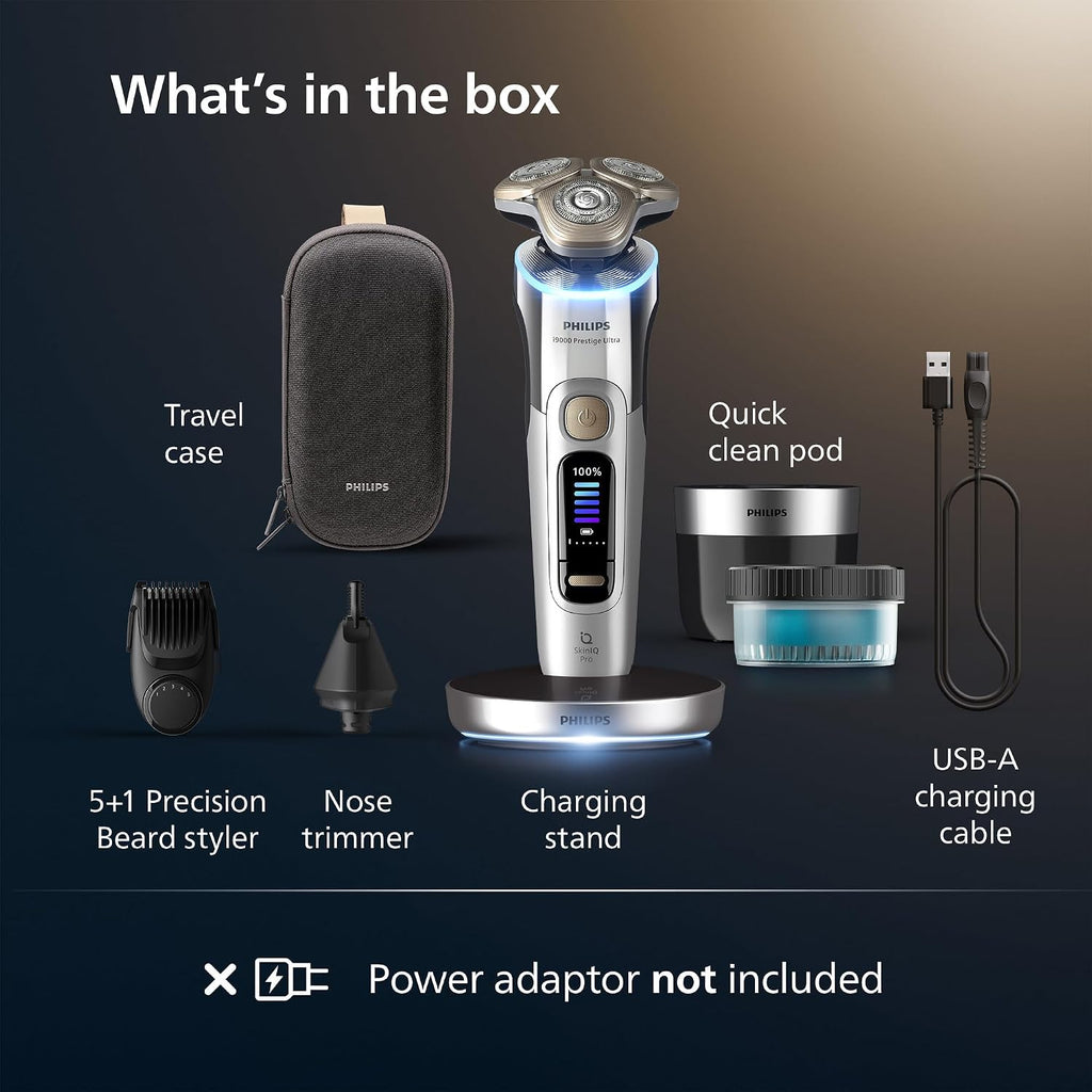 Philips Shaver i9000 Prestige Ultra, Wet & Dry Electric Shaver, Chrome, Skin IQ Pro Technology, Triple Lift & Cut System, 360 Rotating NanoTech Precision Blades, 5 Shaving Modes, Model XP9404/38