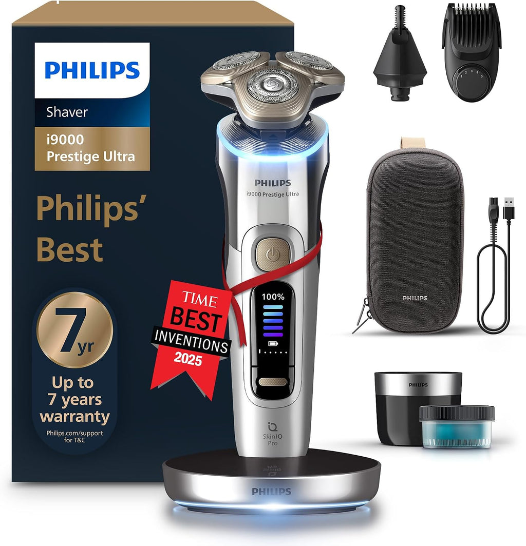 Philips Shaver i9000 Prestige Ultra, Wet & Dry Electric Shaver, Chrome, Skin IQ Pro Technology, Triple Lift & Cut System, 360 Rotating NanoTech Precision Blades, 5 Shaving Modes, Model XP9404/38
