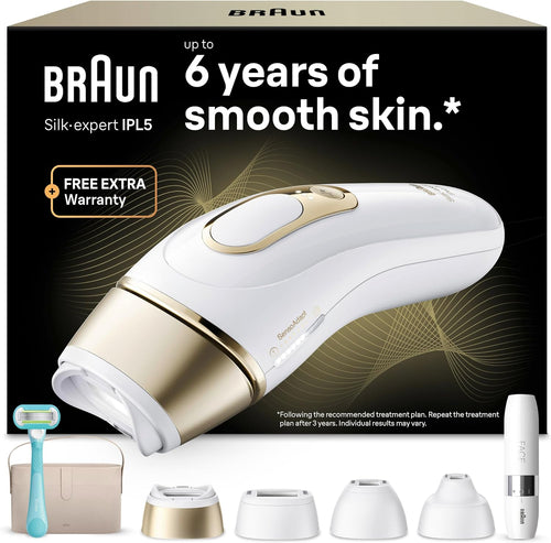 Braun IPL Silk·Expert Pro 5, At Home Laser Hair Removal, Permanent Hair Reduction, with Vanity Case, Mini Face Hair Remover, Venus Razor, 4 Attachment Heads, PL5442