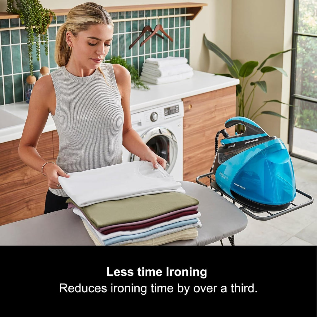 Morphy Richards SpeedSteam Pro Generator Iron, Ceramic Soleplate, Autoclean, 7 Bar Pressure, Intellitemp Technology, 70 to 120g rates, 590g Boost, 1.6L Water Tank, 1.8m Cord, 3000W, Blue, 332103