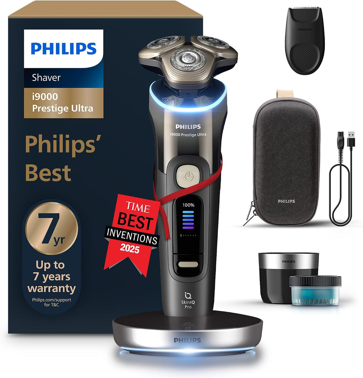 Philips Shaver i9000 Prestige Ultra, Wet & Dry Electric Shaver, Black, with Skin IQ Pro Technology, Triple Lift & Cut System, 360 Rotating NanoTech Precision Blades, 5 Shaving Modes, Model XP9405/31