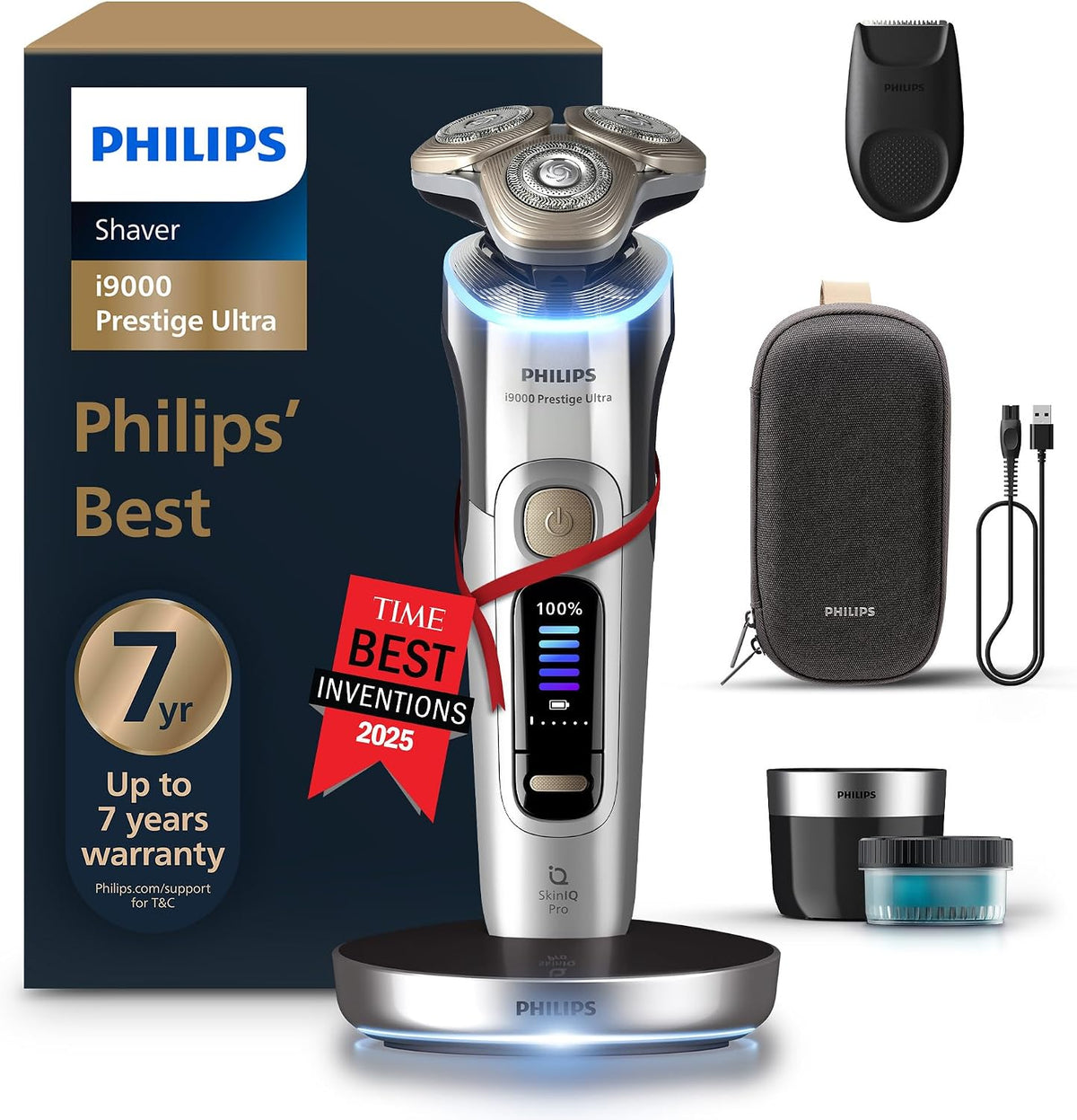 Philips Shaver i9000 Prestige Ultra, Wet & Dry Electric Shaver, Chrome, Skin IQ Pro Technology, Triple Lift & Cut System, 360 Rotating NanoTech Precision Blades, 5 Shaving Modes, Model XP9404/31